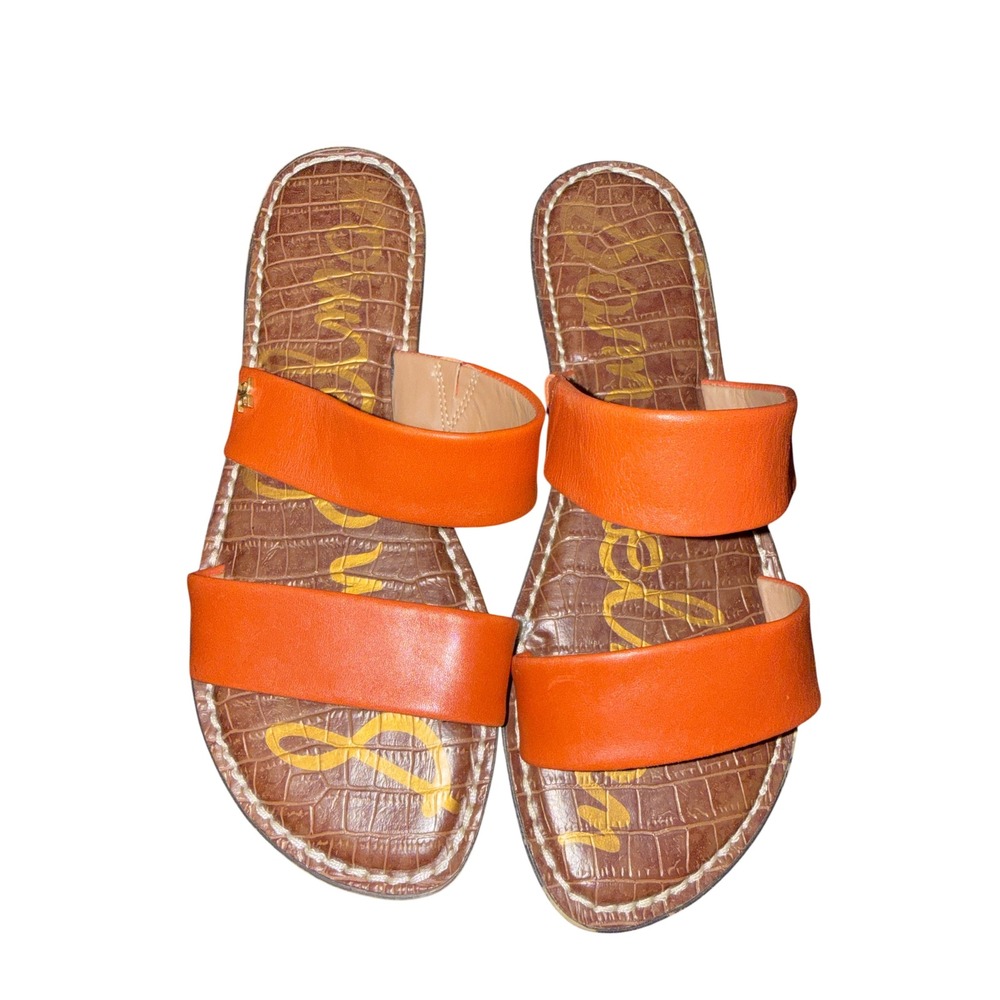 Sam Edelman Slide‎ Sandals Womens 8 Orange Croc Embossed Double Strap Flat